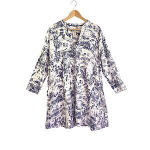 Joie Linen Tropical Toile Print A line Button Down Dress Pockets Large Coastal